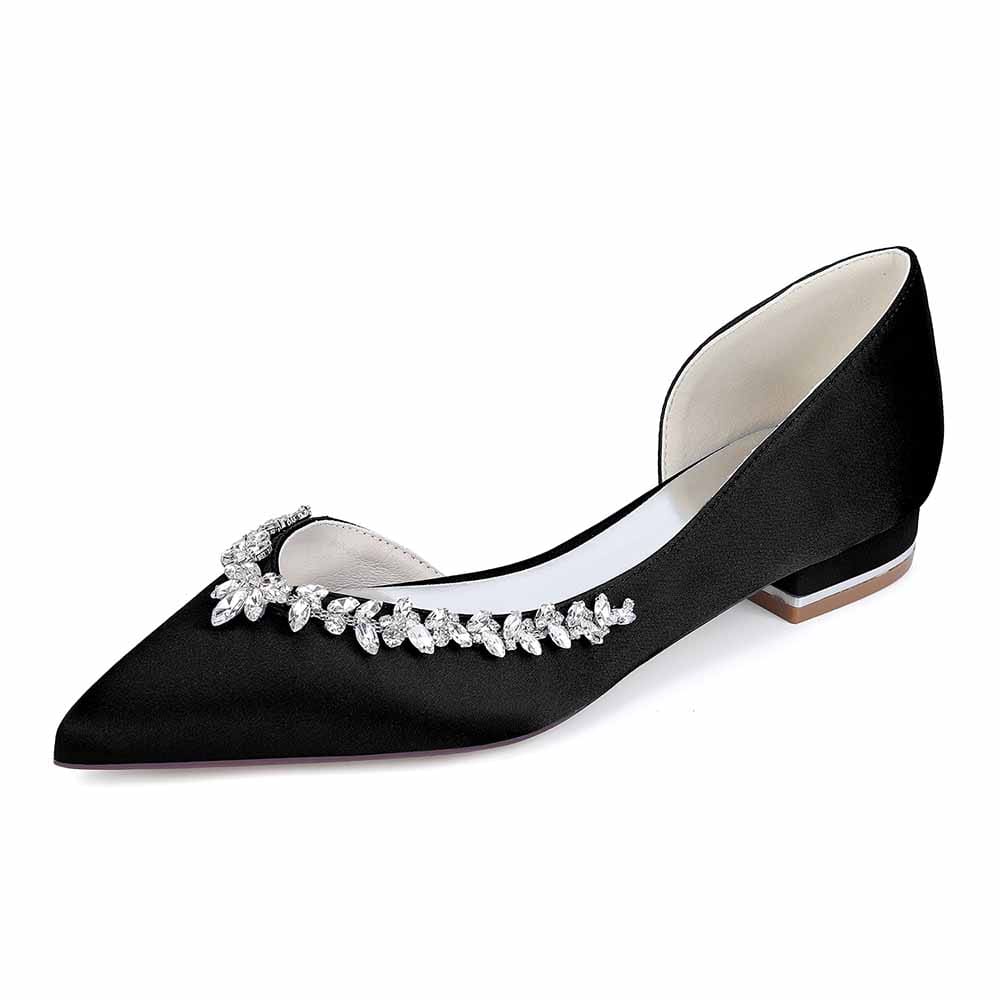 Satin Rhinestones Wedding Shoes for Bride Pointed Toe Slip on Flats