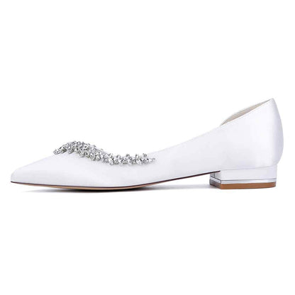 Satin Rhinestones Wedding Shoes for Bride Pointed Toe Slip on Flats