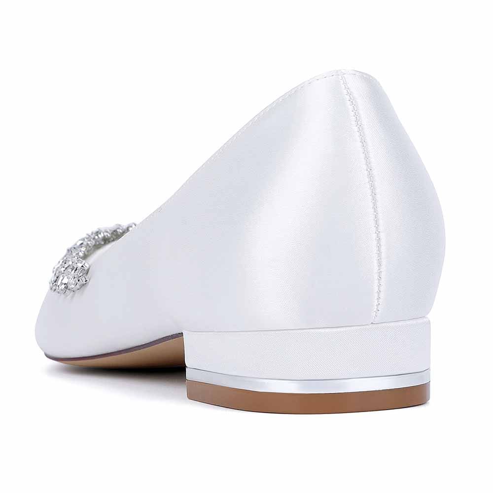 Satin Rhinestones Wedding Shoes for Bride Pointed Toe Slip on Flats