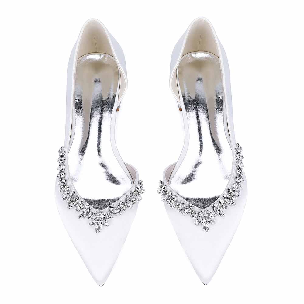 Satin Rhinestones Wedding Shoes for Bride Pointed Toe Slip on Flats