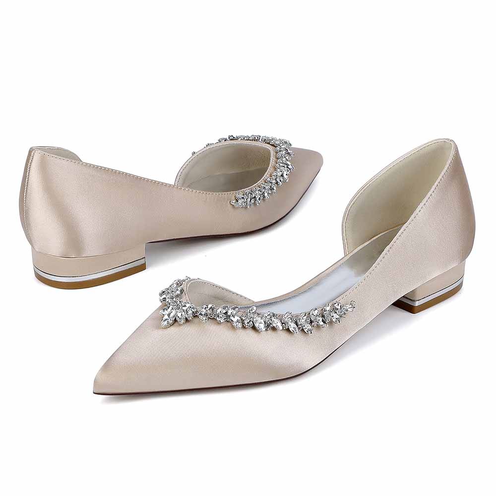 Satin Rhinestones Wedding Shoes for Bride Pointed Toe Slip on Flats