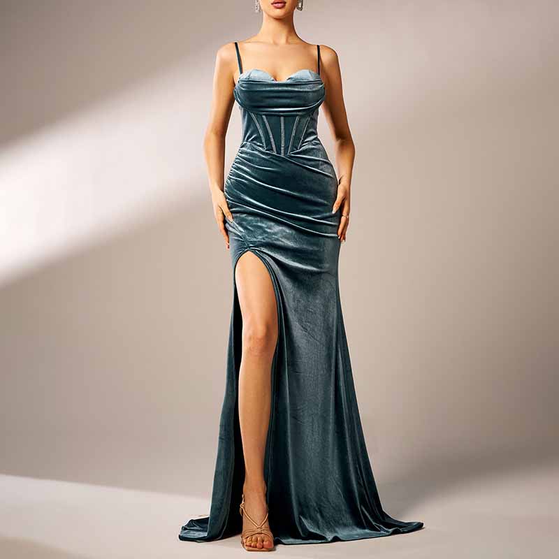 Velvet Spaghetti Strap Prom Dress High Split Wrap Evening Gowns Maxi Dress