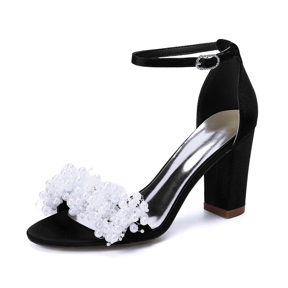 Pearl Embellished Ankle Strap Chunky Heel Bridal Sandals | Satin Wedding Shoes