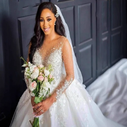 Satin A-Line Wedding Gown with Lace Detailing – Long Sleeves & Cathedral Train