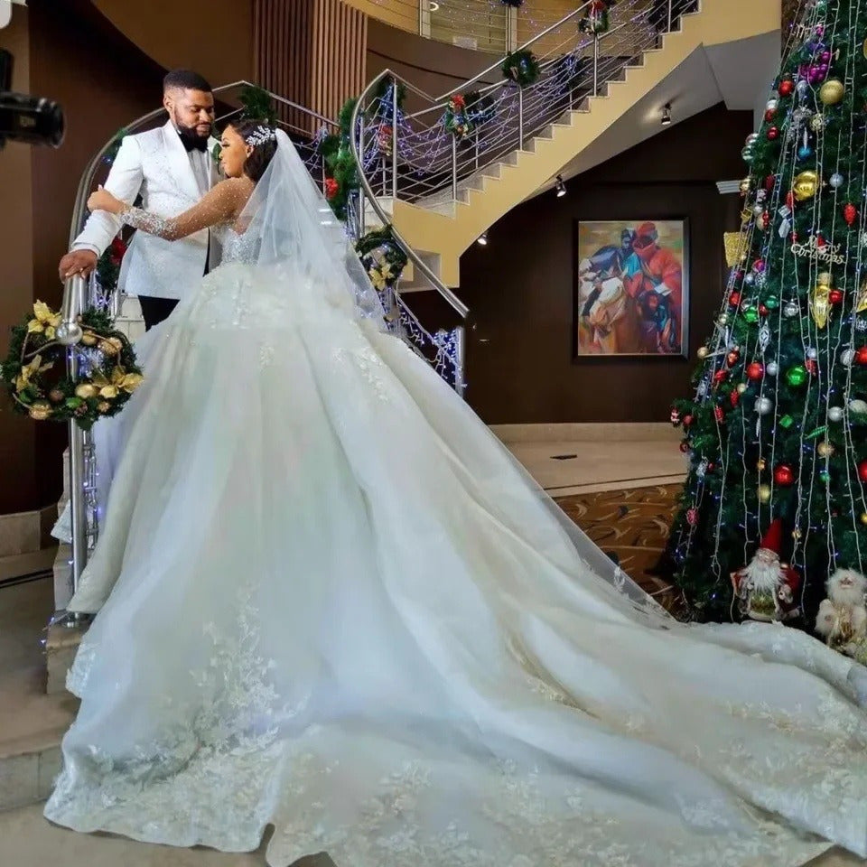 Satin A-Line Wedding Gown with Lace Detailing – Long Sleeves & Cathedral Train