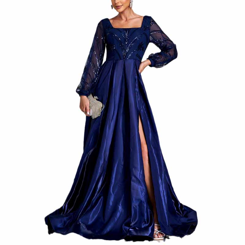 Sequin Detail Long Evening Dress Square-Neck High Split Navy Prom Dress