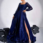 Sequin Detail Long Evening Dress Square-Neck High Split Navy Prom Dress