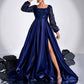 Sequin Detail Long Evening Dress Square-Neck High Split Navy Prom Dress