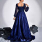 Sequin Detail Long Evening Dress Square-Neck High Split Navy Prom Dress