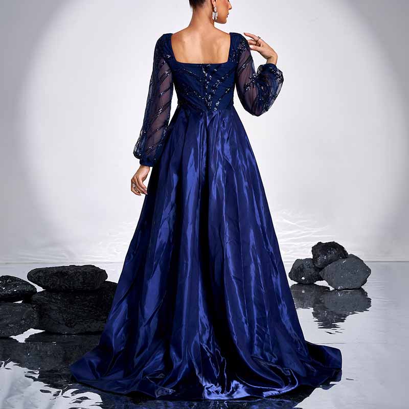 Sequin Detail Long Evening Dress Square-Neck High Split Navy Prom Dress