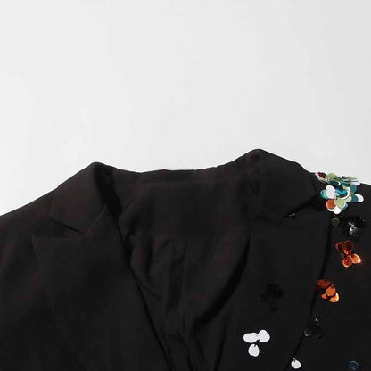 Sequin Flower Blazer Black Scrunched Coat