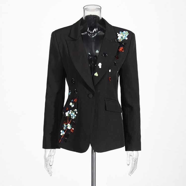 Sequin Flower Blazer Black Scrunched Coat