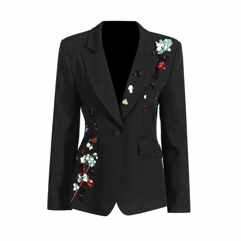 Sequin Flower Blazer Black Scrunched Coat