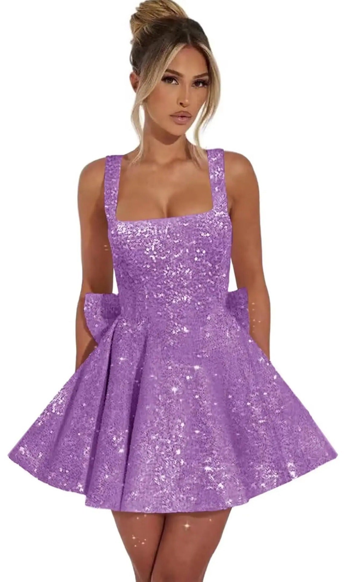 Sequin Glitter Mini Dress with Bow Detail | Elegant Square Neck Homecoming Party Dress for Women