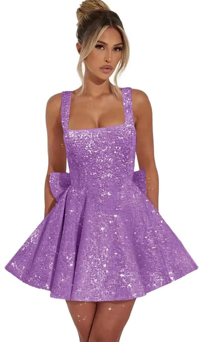 Sequin Glitter Mini Dress with Bow Detail | Elegant Square Neck Homecoming Party Dress for Women