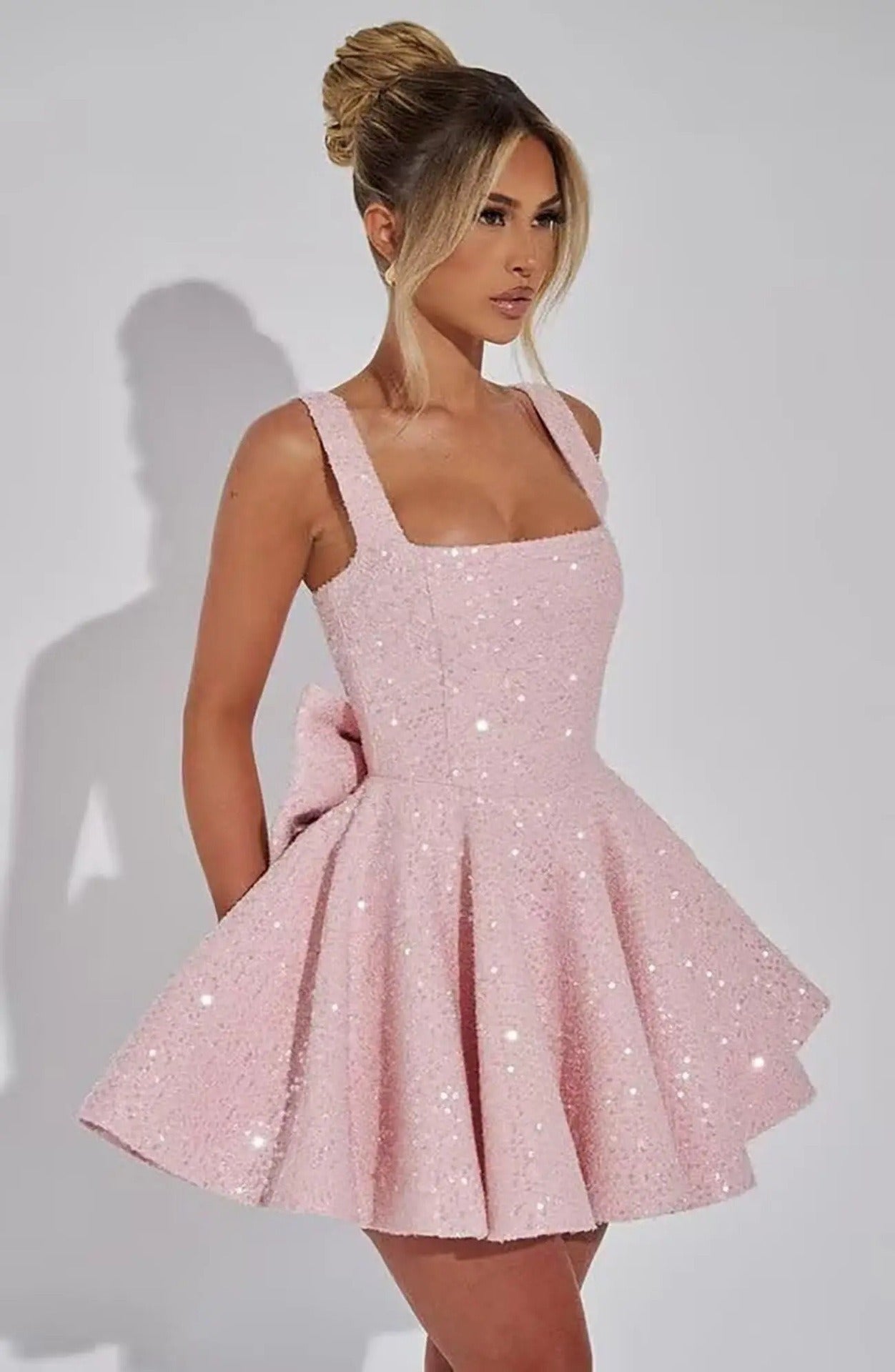 Sequin Glitter Mini Dress with Bow Detail | Elegant Square Neck Homecoming Party Dress for Women