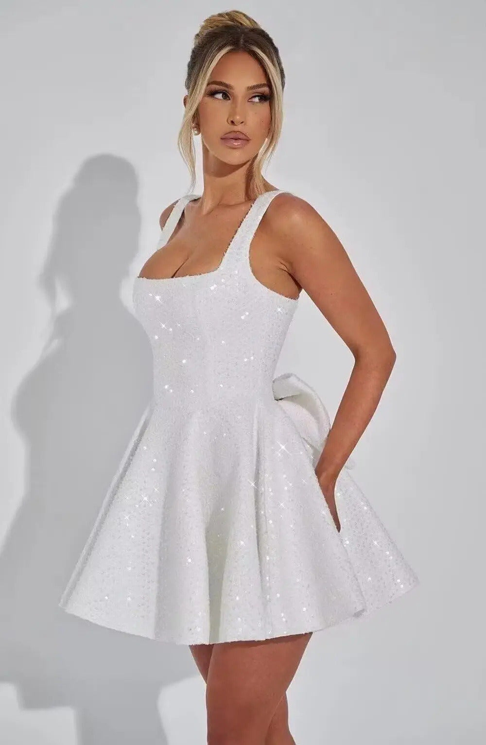 Sequin Glitter Mini Dress with Bow Detail | Elegant Square Neck Homecoming Party Dress for Women