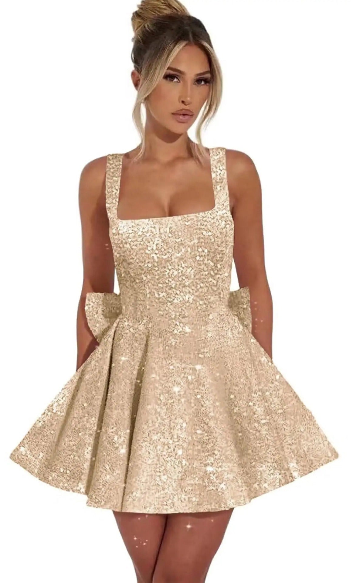 Sequin Glitter Mini Dress with Bow Detail | Elegant Square Neck Homecoming Party Dress for Women