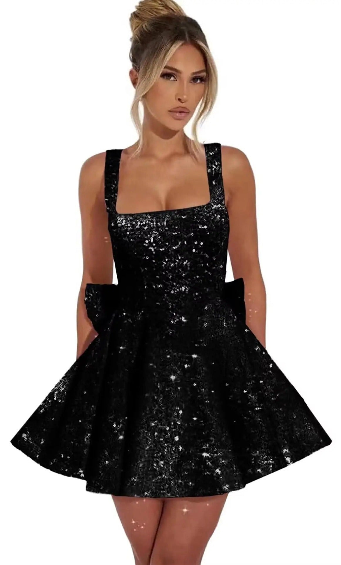 Sequin Glitter Mini Dress with Bow Detail | Elegant Square Neck Homecoming Party Dress for Women
