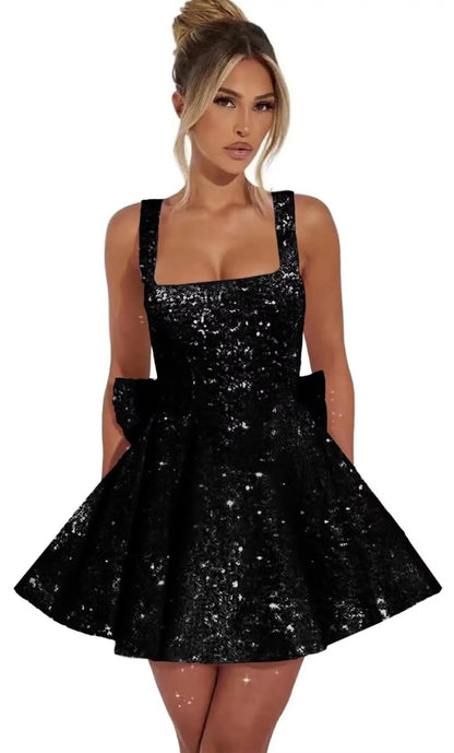 Sequin Glitter Mini Dress with Bow Detail | Elegant Square Neck Homecoming Party Dress for Women