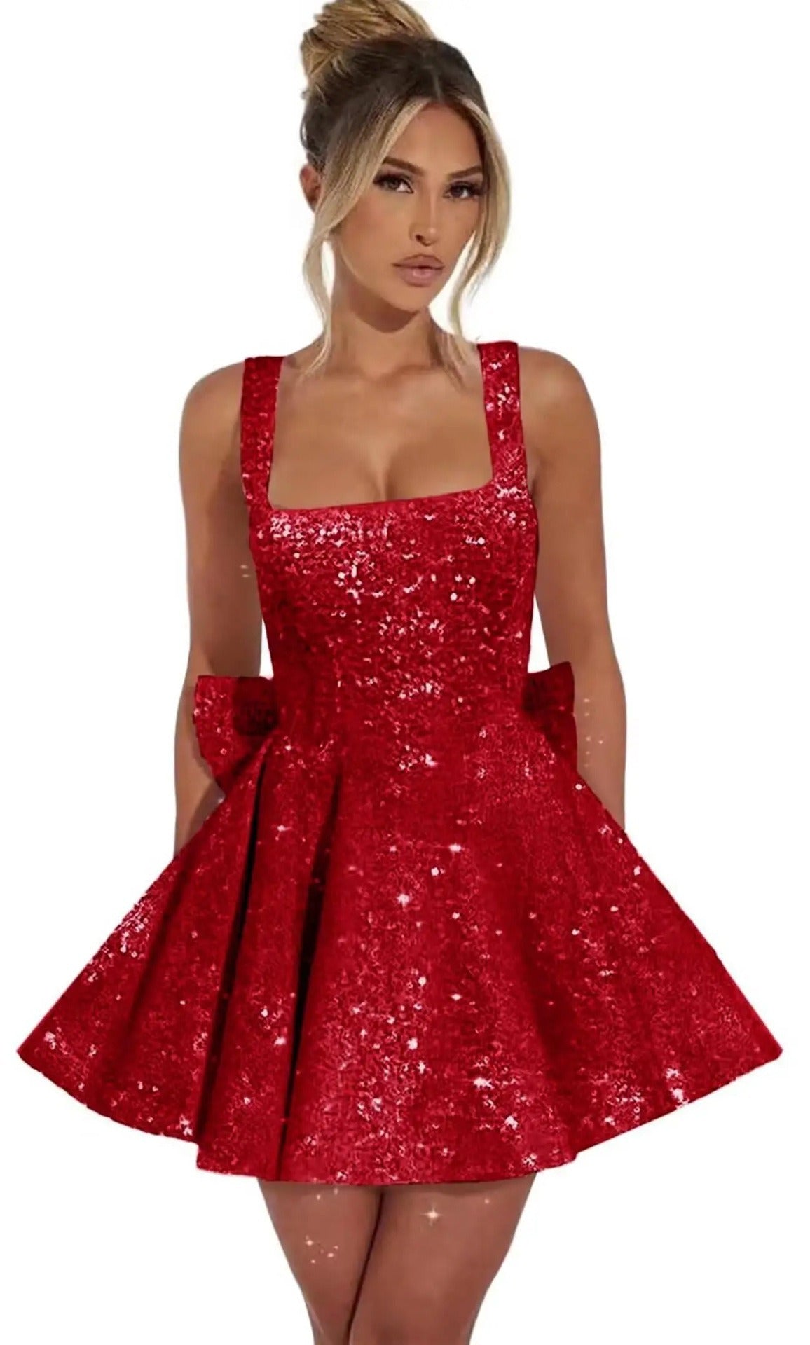 Sequin Glitter Mini Dress with Bow Detail | Elegant Square Neck Homecoming Party Dress for Women