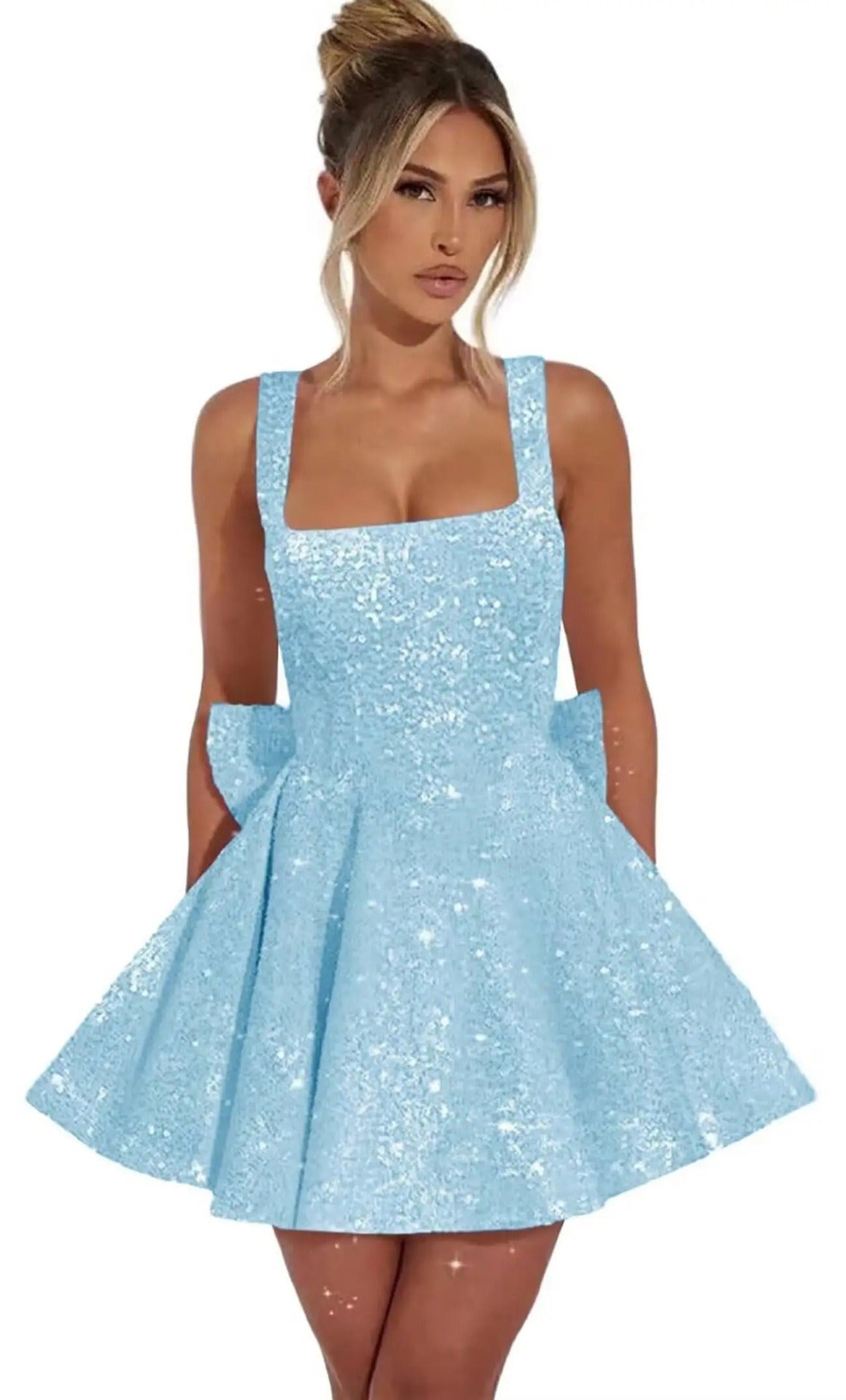 Sequin Glitter Mini Dress with Bow Detail | Elegant Square Neck Homecoming Party Dress for Women