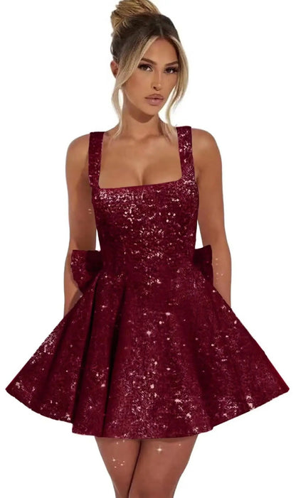 Sequin Glitter Mini Dress with Bow Detail | Elegant Square Neck Homecoming Party Dress for Women