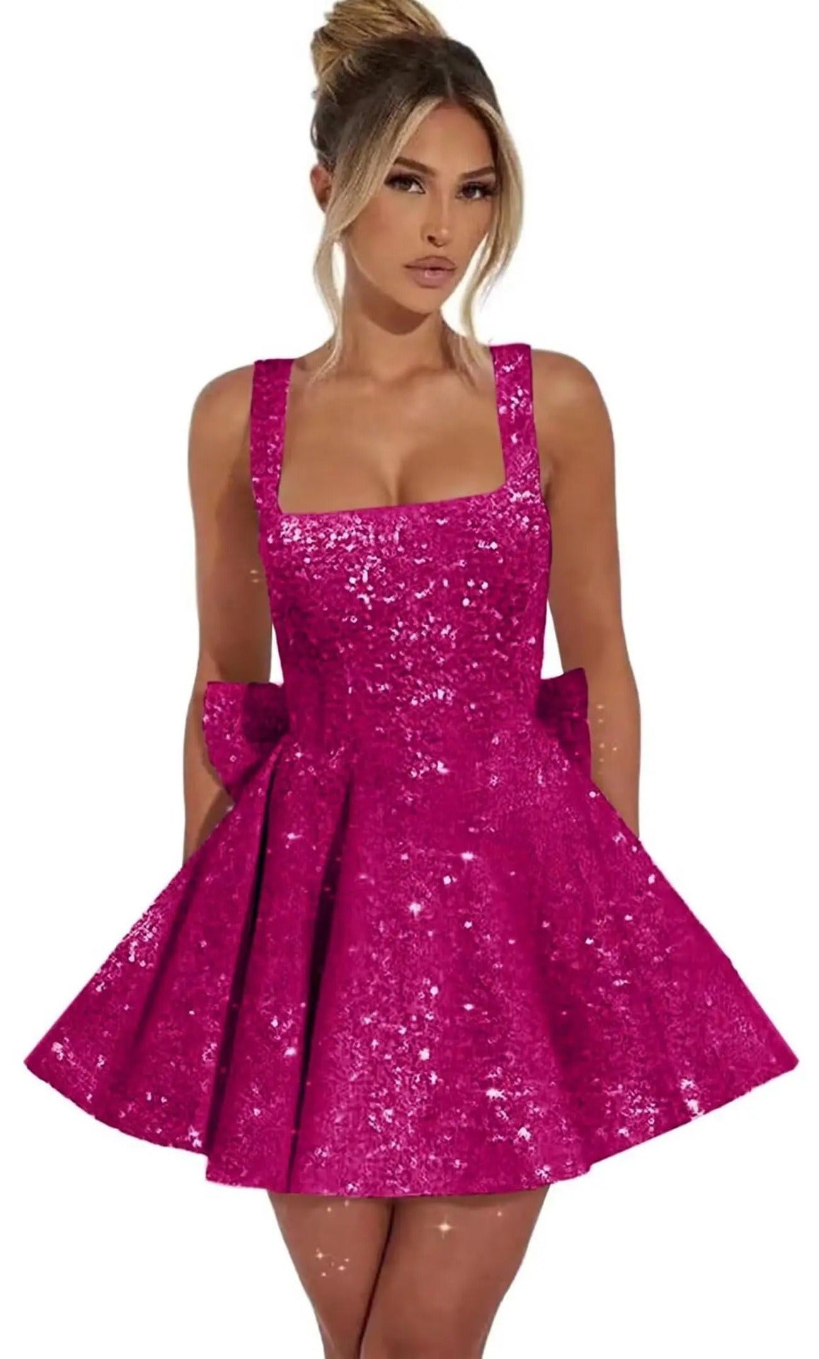 Sequin Glitter Mini Dress with Bow Detail | Elegant Square Neck Homecoming Party Dress for Women