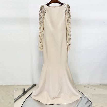 Sequin Appliqued Long Sleeve Evening Dress Round-Neck Prom Dress