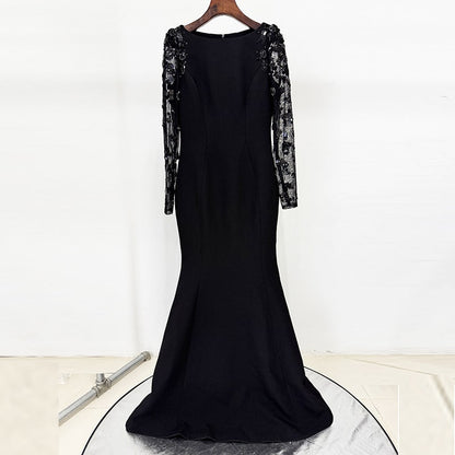 Sequin Appliqued Long Sleeve Evening Dress Round-Neck Prom Dress