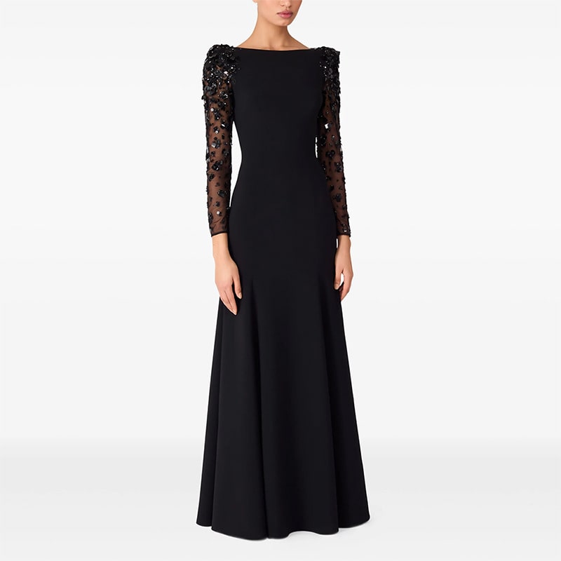Sequin Appliqued Long Sleeve Evening Dress Round-Neck Prom Dress