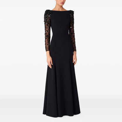 Sequin Appliqued Long Sleeve Evening Dress Round-Neck Prom Dress