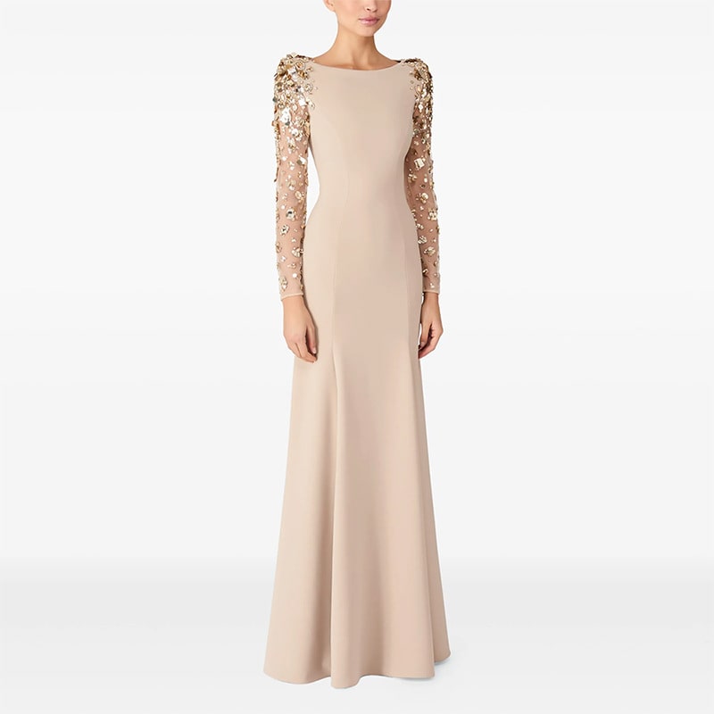 Sequin Appliqued Long Sleeve Evening Dress Round-Neck Prom Dress