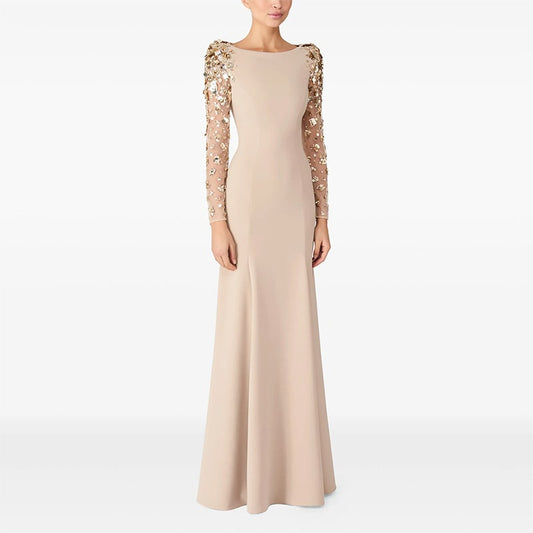 Sequin Appliqued Long Sleeve Evening Dress Round-Neck Prom Dress