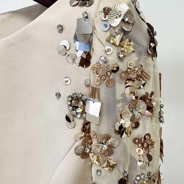 Sequin Appliqued Long Sleeve Evening Dress Round-Neck Prom Dress