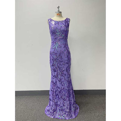Sequin Mermaid Prom Dress Round-Neck A-Line Event Dress Long Evening Dress