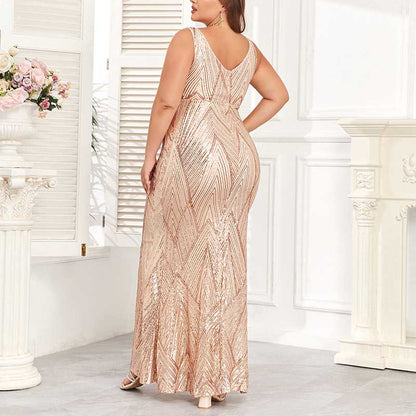 Plus Size Sequin Mermaid Prom Dress Gold Round-Neck A-Line Event Dress