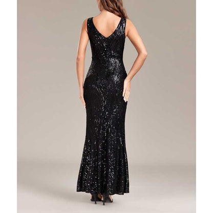 Sequin Mermaid Prom Dress Round-Neck A-Line Event Dress Long Evening Dress