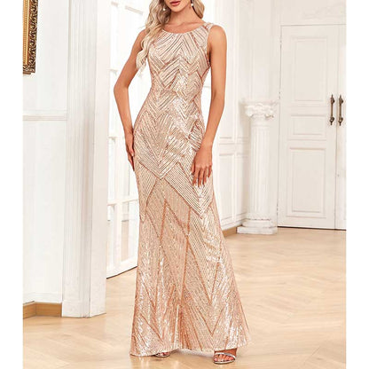 Sequin Mermaid Prom Dress Round-Neck A-Line Event Dress Long Evening Dress