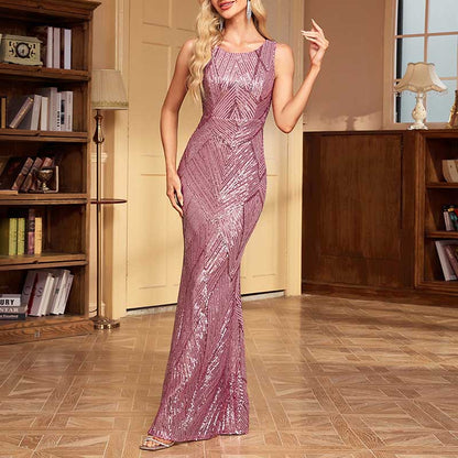 Sequin Mermaid Prom Dress Round-Neck A-Line Event Dress Long Evening Dress