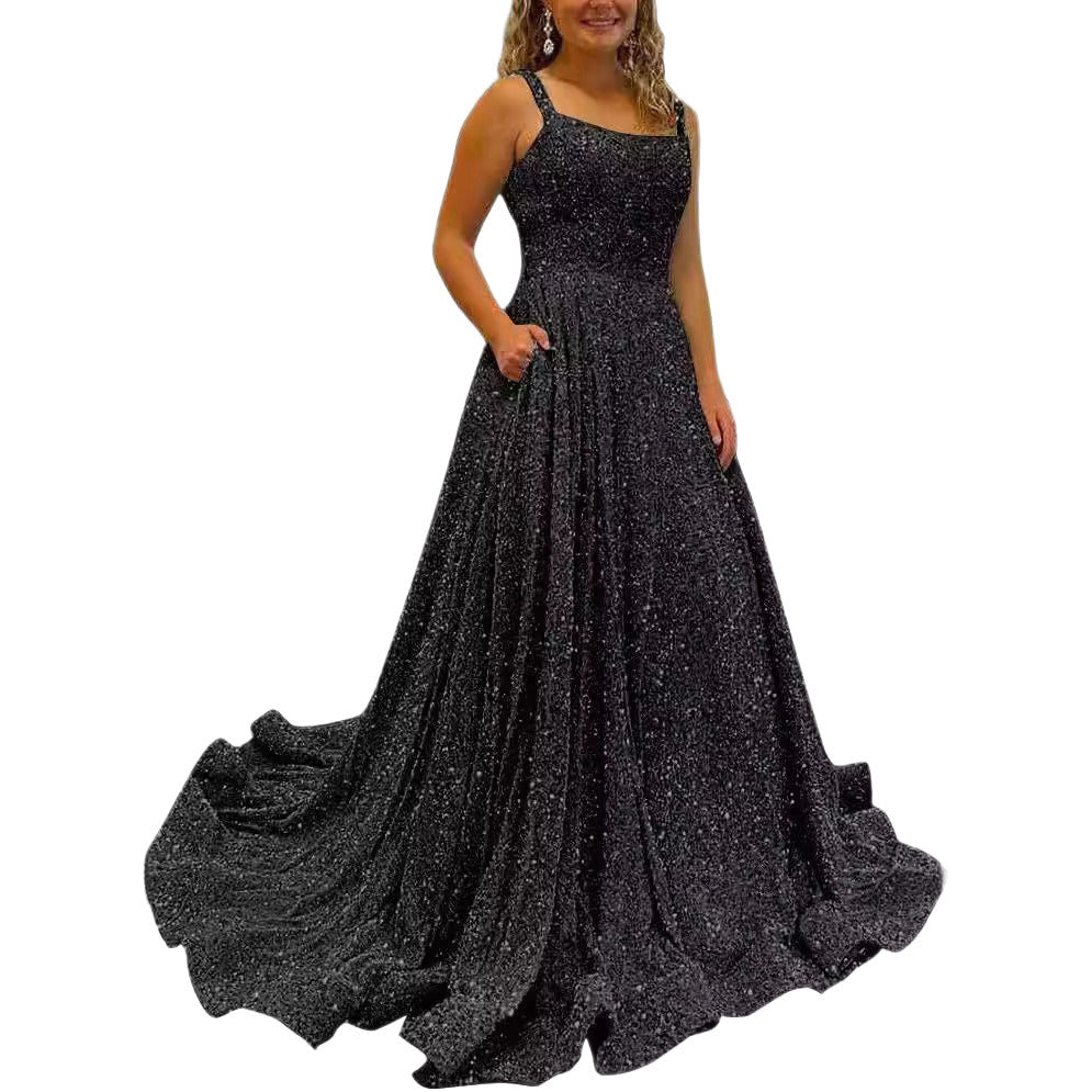 Sequin Prom Gown with Pockets for Wedding Guest & Parties