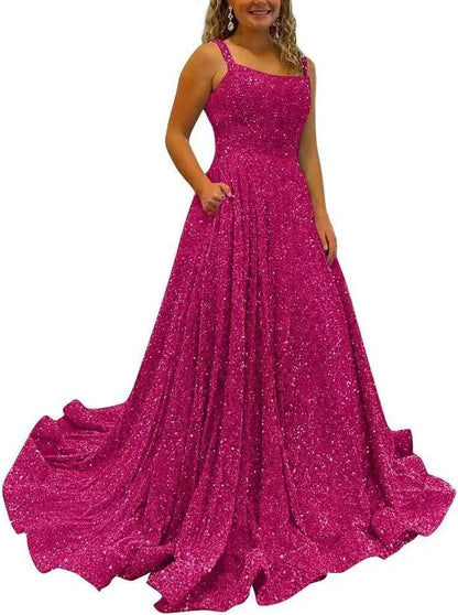 Sequin Prom Gown with Pockets for Wedding Guest & Parties