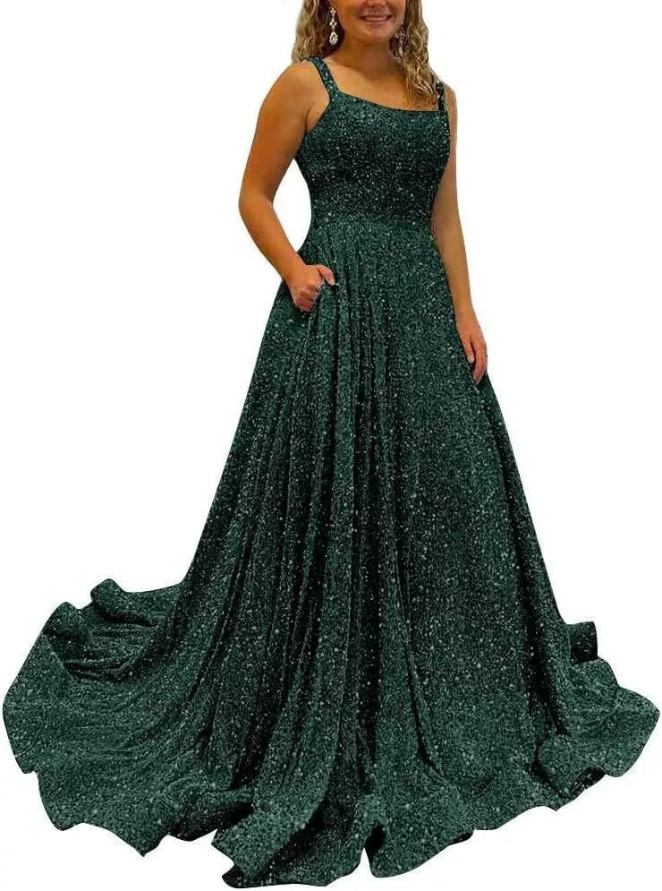Sequin Prom Gown with Pockets for Wedding Guest & Parties