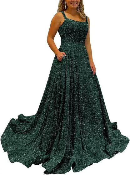 Sequin Prom Gown with Pockets for Wedding Guest & Parties