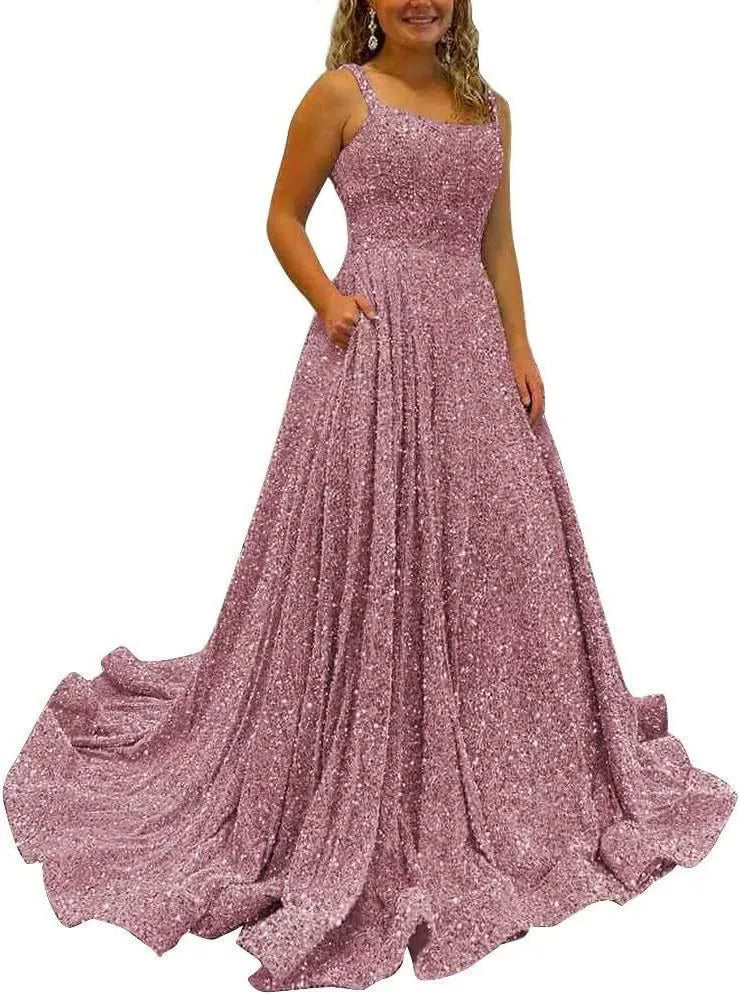 Sequin Prom Gown with Pockets for Wedding Guest & Parties