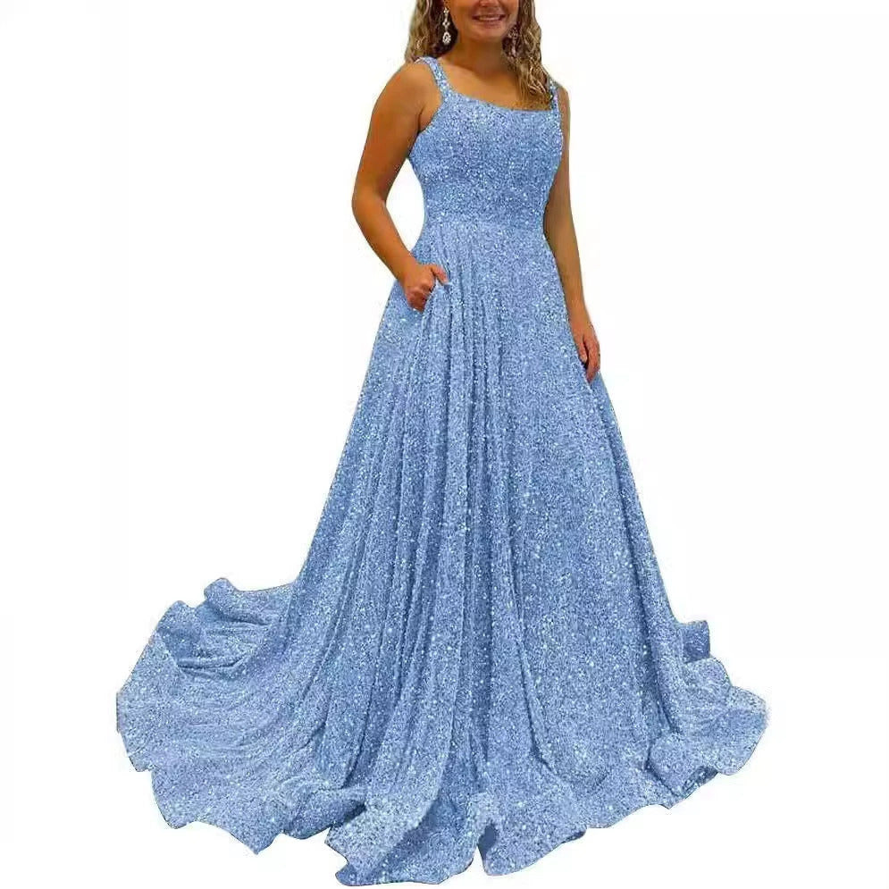 Sequin Prom Gown with Pockets for Wedding Guest & Parties