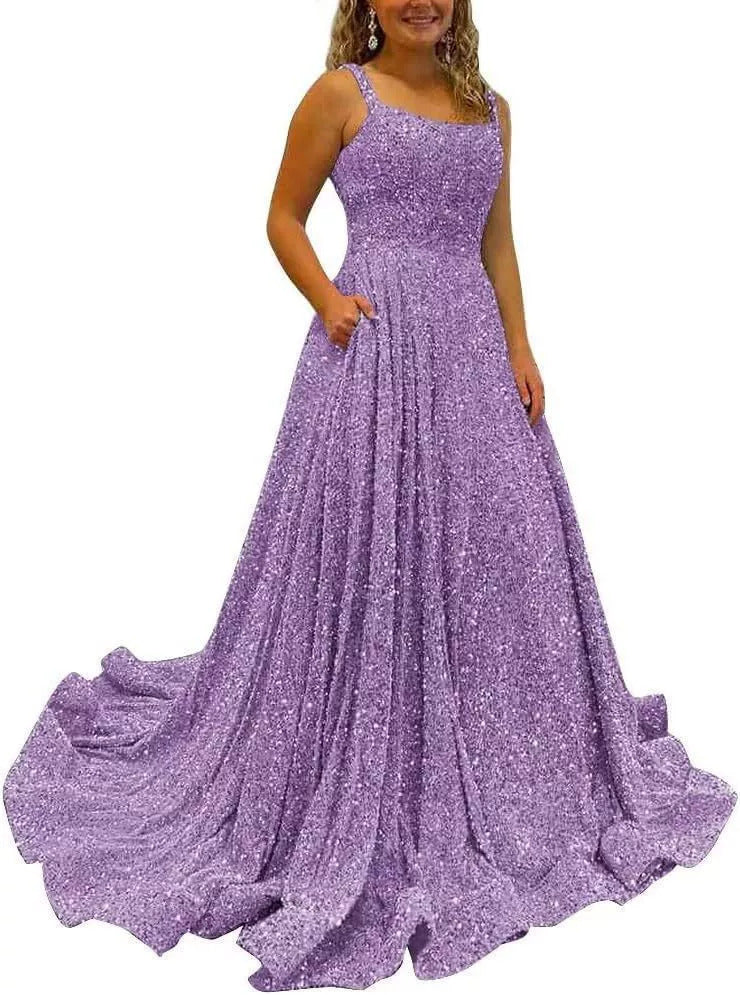 Sequin Prom Gown with Pockets for Wedding Guest & Parties