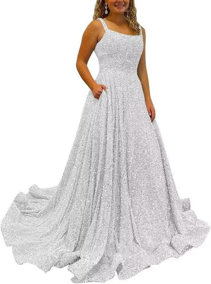Sequin Prom Gown with Pockets for Wedding Guest & Parties