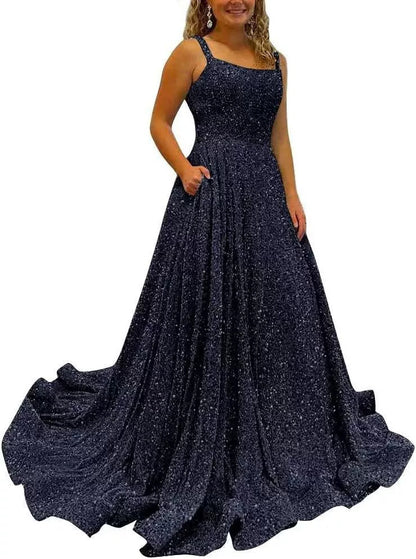 Sequin Prom Gown with Pockets for Wedding Guest & Parties