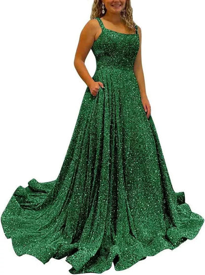 Sequin Prom Gown with Pockets for Wedding Guest & Parties